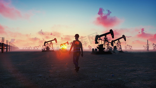 在万里无云的美丽天空背景下，石油工人在日出时检查油泵。 