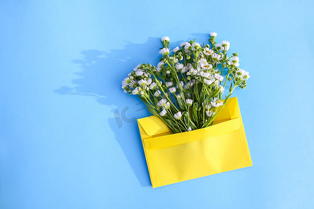 浅蓝色背景上带有小花园白色洋甘菊花的黄色纸信封。
