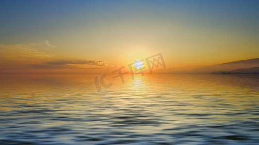 壮丽明亮的日落在平静的海面。
