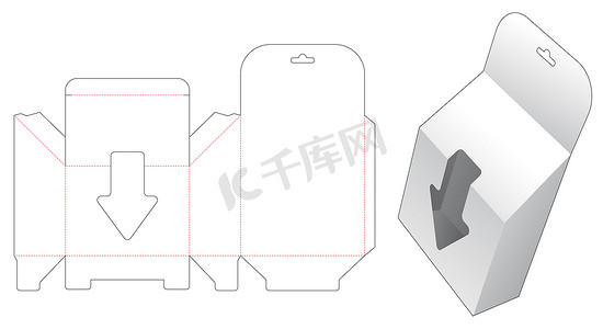 箭头形摄影照片_带有箭头形窗口模切模板的悬挂倒角包装