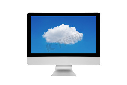 智能现代个人电脑在白色背景的屏幕上显示云计算技术。云计算和智能技术物联网概念的照片设计