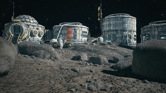 月球摄影照片_月球表面、月球殖民地和在月球车旁边的月球基地工作的宇航员的视图。 