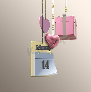 情人节海报摄影照片_挂着 3D 心的情人节卡片，礼品盒
