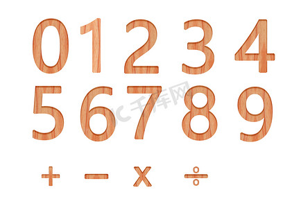 木制复古字母数字风格字母图案美丽的 3d 隔离在白色背景，大写字母 1-10
