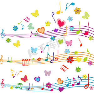 与梯级、蝴蝶、心脏和花的五颜六色的音乐设计