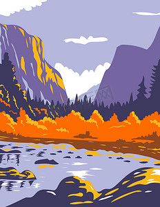 El Capitan 或 El Cap 在秋季期间在优胜美地国家公园 Sierra Nevada of Central California WPA Poster Art