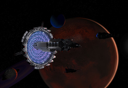 宇宙太阳系摄影照片_太阳系红色星球附近的时空门和太空飞船