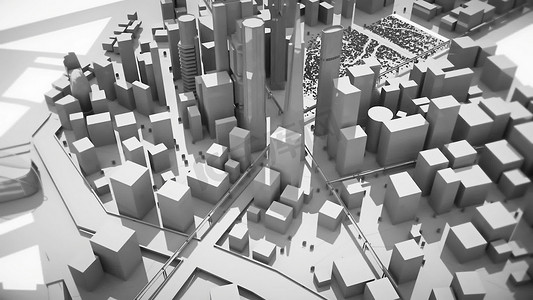 黑白城市建筑 3D 渲染的场景