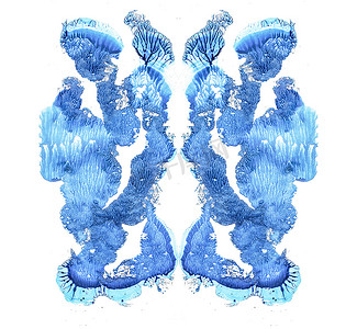 罗夏摄影照片_罗夏测试在白色插图上孤立，随机抽象蓝色背景。