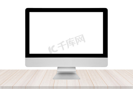 智能社区摄影照片_白色背景的木桌上有空白屏幕的智能现代个人电脑。智能技术和物联网概念的照片设计。