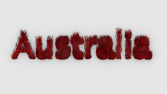 澳大利亚 — 红字 3d 着火，为澳大利亚祈祷，字体设计与森林火灾和野生动物袋鼠、考拉、鸟类的轮廓。