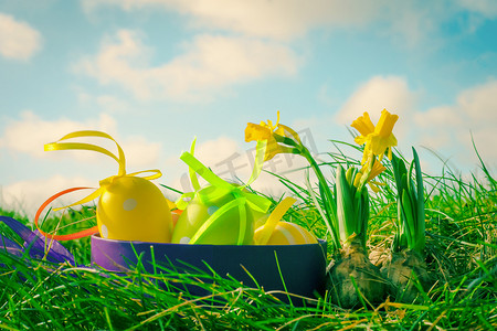 复活节照片用鸡蛋和水仙花