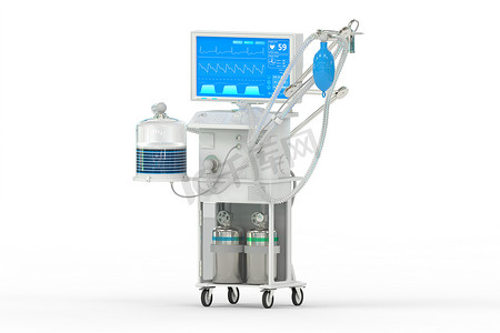 具有虚构设计的 ICU 人工肺呼吸机，基于白色战斗冠状病毒概念的等距视图，医学 3D 插图