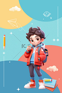 开学可爱卡通背景图片_开学季背书包的小男孩3D背景