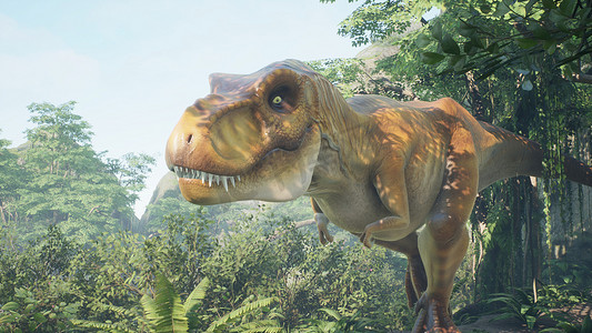 霸王龙恐龙在绿色的史前丛林中慢慢爬上它的猎物。
