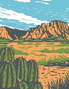 大海报摄影照片_奇瓦瓦沙漠覆盖墨西哥大弯国家公园和美国西南部的部分地区 WPA 海报艺术