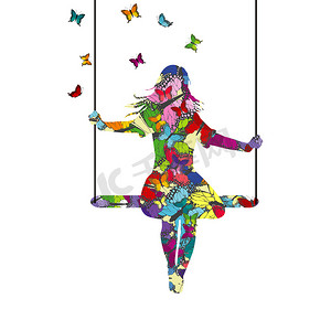 抽象色彩缤纷的年轻女性剪影，她正在摇摆，蝴蝶在她周围飞舞