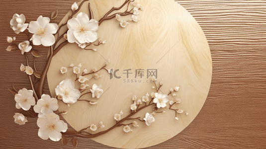 木实木背景图片_米色背景上有白色花朵的圆盘木