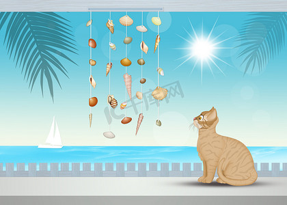 海景窗台上的猫