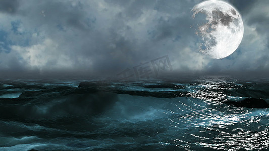 逼真的海洋与月亮，抽象背景 3D 渲染