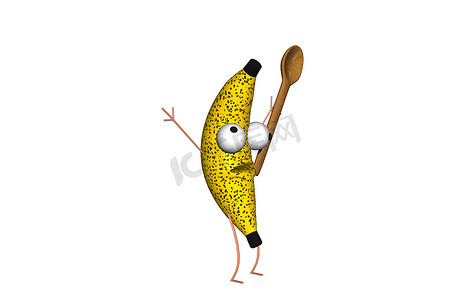 卡通坚果摄影照片_卡通大眼睛香蕉和木勺