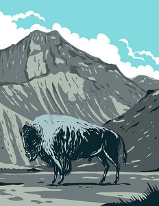 美洲野牛与鹰峰山在黄石国家公园怀俄明州美利坚合众国 WPA 海报艺术