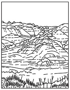 彩绘森林摄影照片_位于美国北达科他州西部西奥多罗斯福国家公园的彩绘峡谷单线或单线黑白线艺术