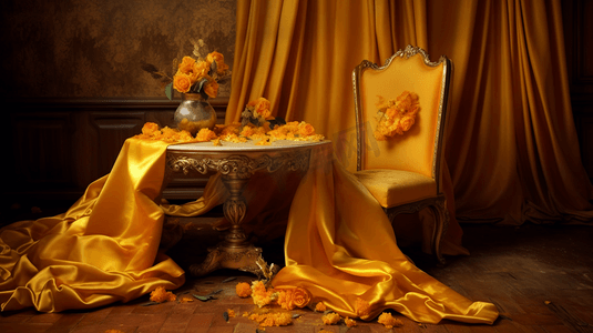 质感丝绸摄影照片_一把金色的丝绸放在椅子上