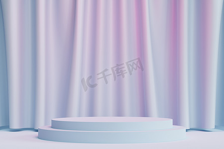 粉彩摄影照片_在带窗帘的中性蓝色和粉红色背景上用于产品或广告的圆柱台或基座，最小 3d 插图渲染