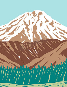 阿拉斯加大火山阿留申山脉中的堡垒火山或堡垒山 WPA 海报艺术