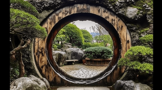 精美圆形花纹摄影照片_中式园林圆型门洞植物园梅园的门