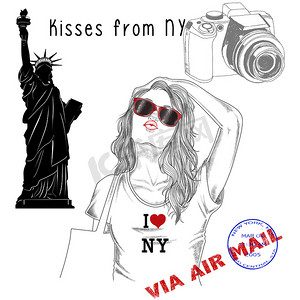 时尚插画 - 明信片 - 有纪念碑背景和邮票的女孩 - 纽约