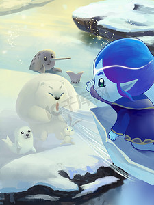 插图：极地动物送走了冰雪公主。