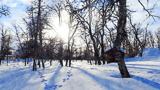 斯堪的纳维亚北部树林中阳光明媚的冬日数字水彩风格