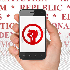 政治概念：手持智能手机与起义展出