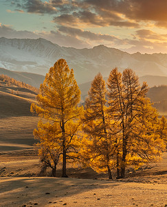 前景中金色树木的美丽肖像尺寸照片，白色雪山和背景中多云的橙色天空。