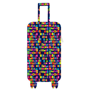 旅行箱旅游摄影照片_带有彩色排版图案的旅行箱，具有旅行动机