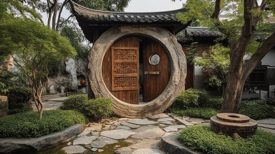 中式中式边框摄影照片_中式园林圆型门洞植物园梅园的门