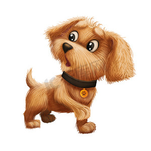 可爱的小毛茸茸的小狗-卡通动物角色吉祥物关注和害怕