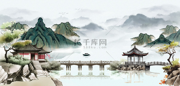 山水背景图片_中国风山水亭台水墨淡雅古风背景