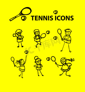 女孩卡通摄影照片_网球图标，黄色假卡通运动标志