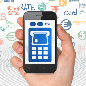 货币概念：手持智能手机与 ATM 机上显示