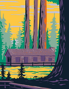 Mariposa Grove Cabin with General Grant 和 General Sheridan Tree 位于加利福尼亚州优胜美地国家公园 WPA 海报艺术