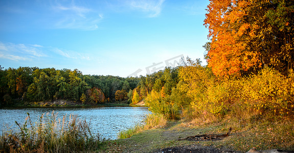 阳光明媚的日子里，五颜六色的秋天风景，树上有水和云