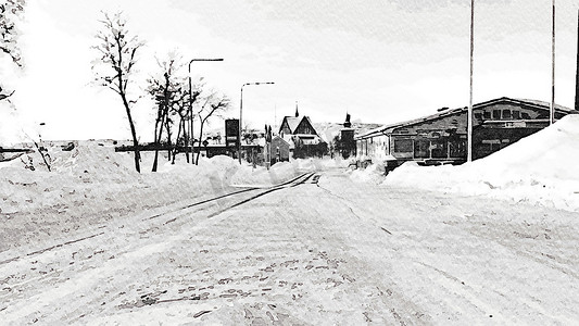 斯堪的纳维亚北部冬季道路的黑白水彩风格