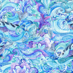 蓝色水彩抽象海洋图案