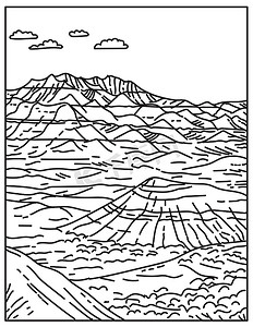 位于南达科他州美国单线或单线黑白线艺术的荒地国家公园的层状岩层