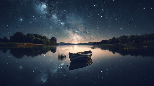 星空渐变摄影照片_夜色夜景湖上的小船唯美星空