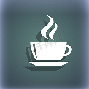咖啡豆图标摄影照片_蓝绿色抽象背景上的茶、咖啡图标符号，带有文本的阴影和空间。