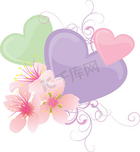 矢量彩色心和粉红色的花朵柔和的插图